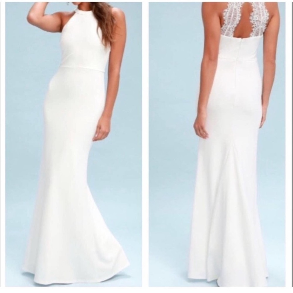 NWT Lulus Joella White Lace Halter Maxi Wedding Dress Size: S, Color: White